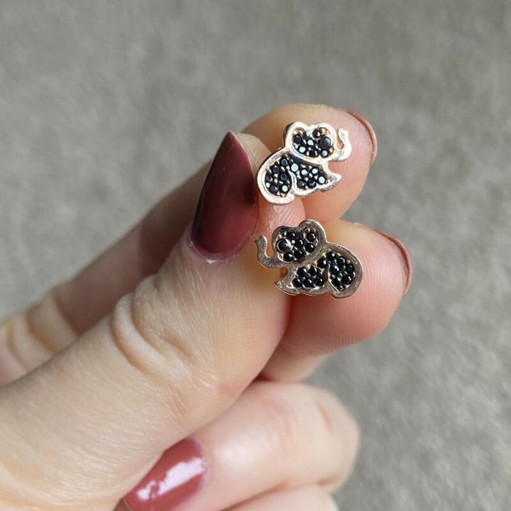 Rose Gold Plated Black CZ Elephant Stud Earrings LJ9820