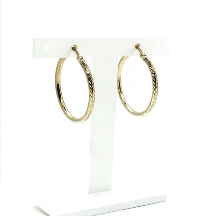 375 9ct Yellow Gold 24mm Patterned Round Hinged Hoop Earrings - Lyncris Jewellers