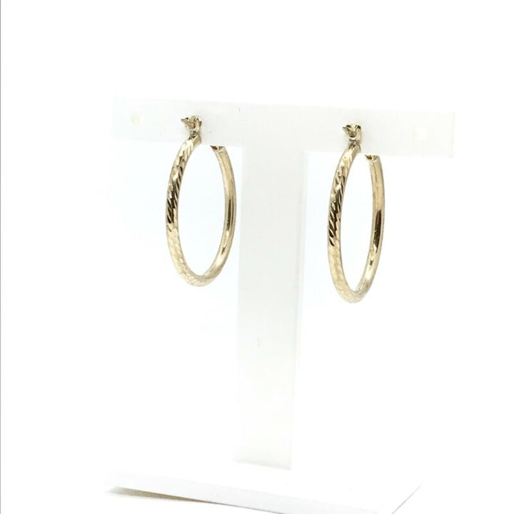 375 9ct Yellow Gold 24mm Patterned Round Hinged Hoop Earrings - Lyncris Jewellers