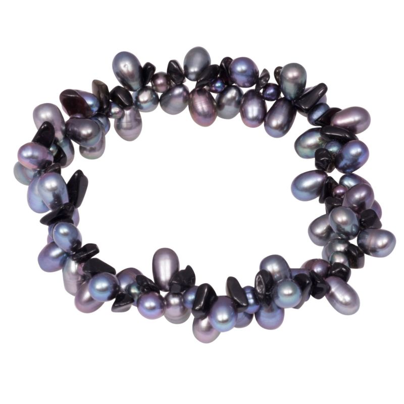Freshwater Pearl Peacock & Onyx Black Chips Stretch Bracelet - Lyncris Jewellers