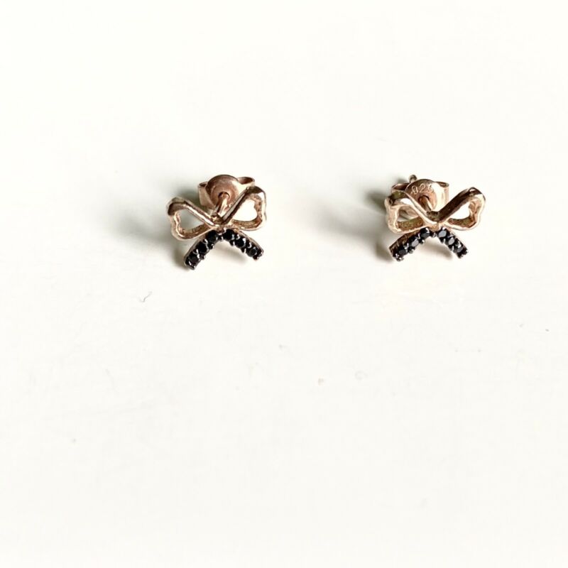Rose Gold Plated Black CZ Bowtie Stud Earrings LJ9833 - B & S Lyncris Jewellers