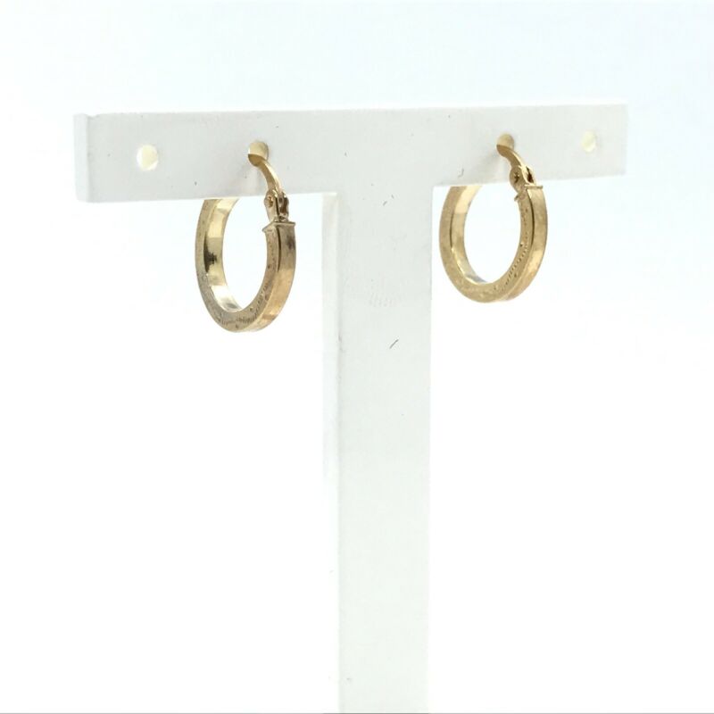 375 9ct Yellow Gold 13.5mm Patterned Square Edge Hinged Hoop Earrings - Lyncris Jewellers