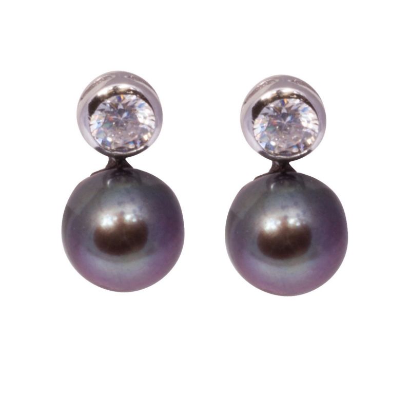 Sterling Silver 8mm Black Freshwater Button Pearl & CZ Stud Earrings - Lyncris Jewellers