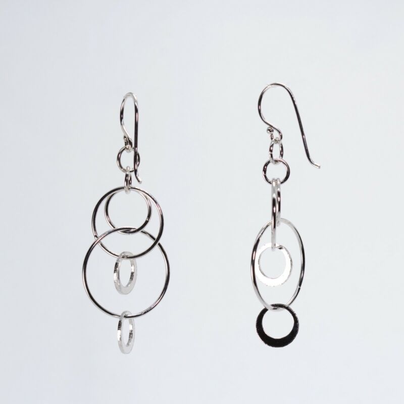 Sterling Silver Circles Long Drop Hook Earrings LJ8936