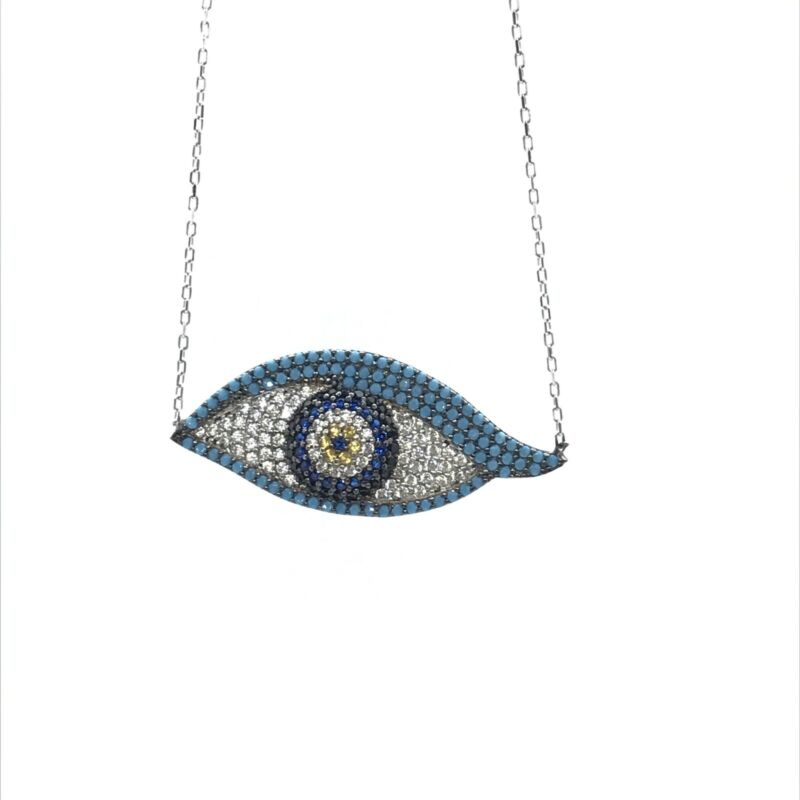 925 Sterling Silver Pave Set CZ Large Evil Eye Nazar Necklace - Lyncris Jewellers
