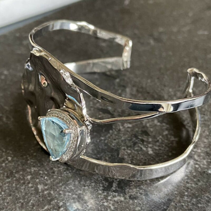 Silver Blue Topaz Cuff Bangle Bracelet LJ5502