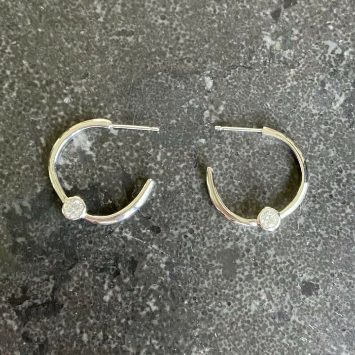 Silver White CZ Hoop Stud Earrings LJ4830