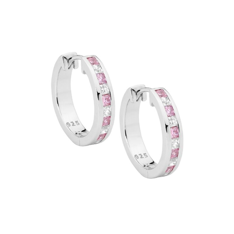 ELLANI Silver Pink & White Huggie Hoop Earrings E447PK