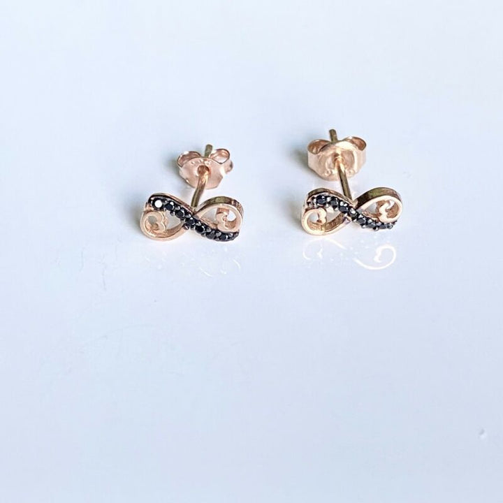 Rose Gold Plated Black CZ Infinity Stud Earrings LJ9825