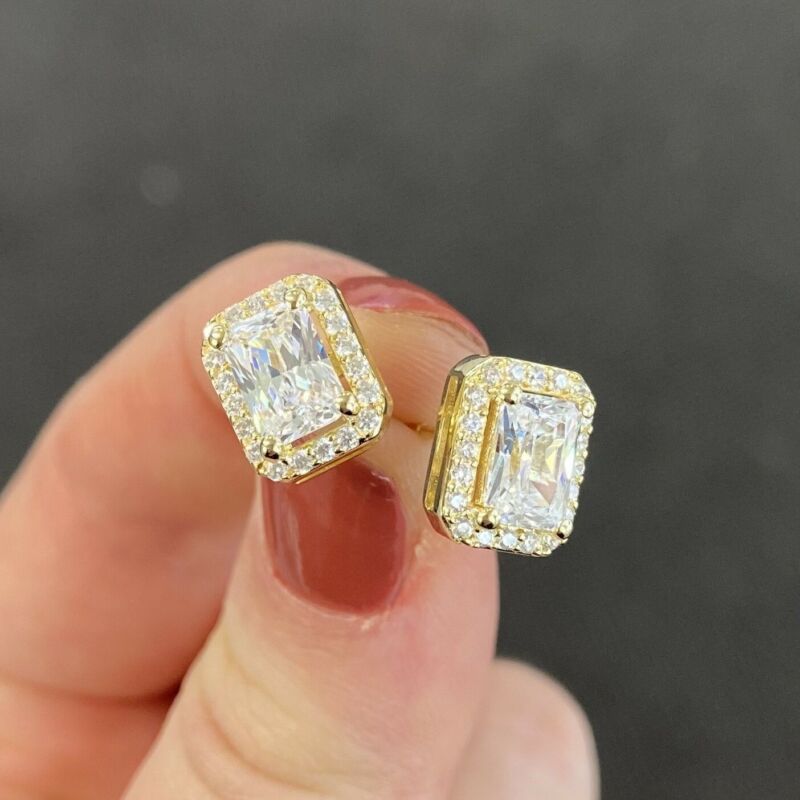 ELLANI Gold Emerald Cut Halo Stud Earrings E471G