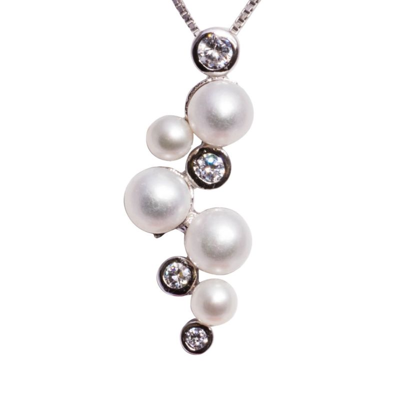 Sterling Silver White Freshwater Pearl & Cubic Zirconia Pendant With Box Chain - Lyncris Jewellers