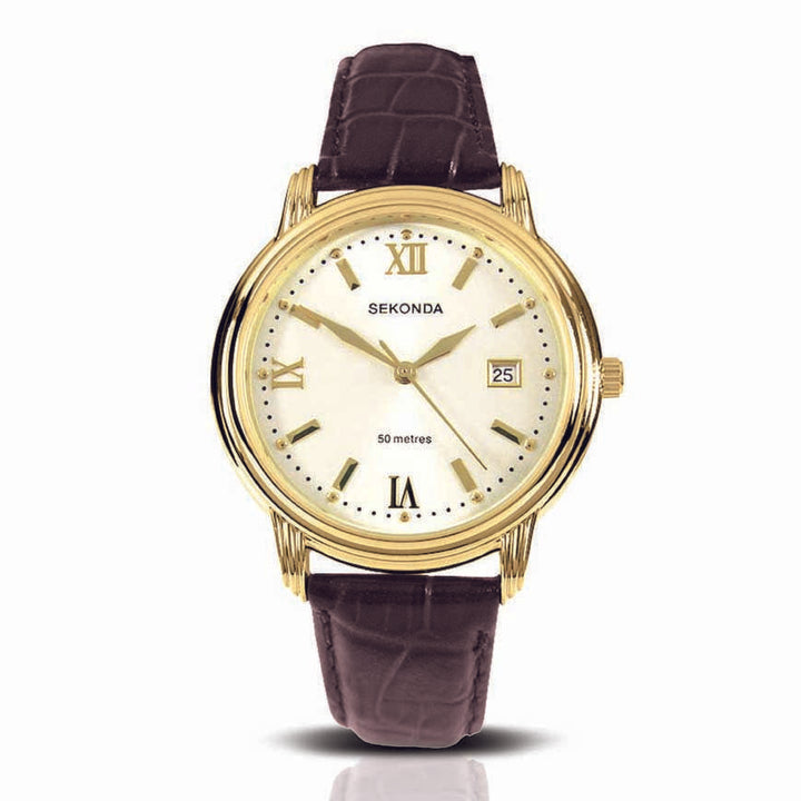 Sekonda 38mm Gents Gold Watch With Reddish Brown Leather Band SK3779 - Lyncris Jewellers