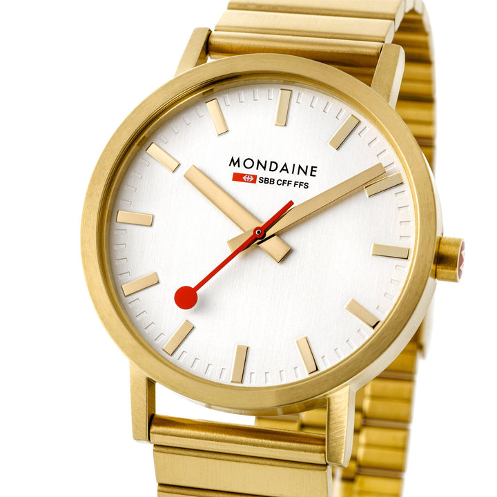 Mondaine Official Classic 36mm Golden Stainless Steel watch closeup