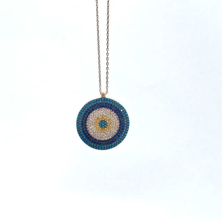 Rose Gold Plated Pave Set CZ Turquoise Nazar Evil Eye Necklace - Lyncris Jewellers