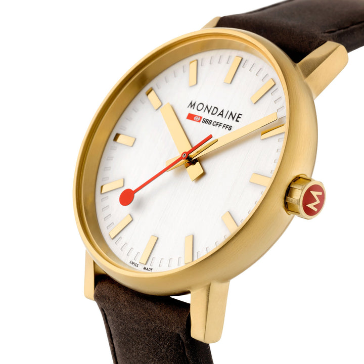 Mondaine Official evo2 30mm Golden Stainless Steel watch close up