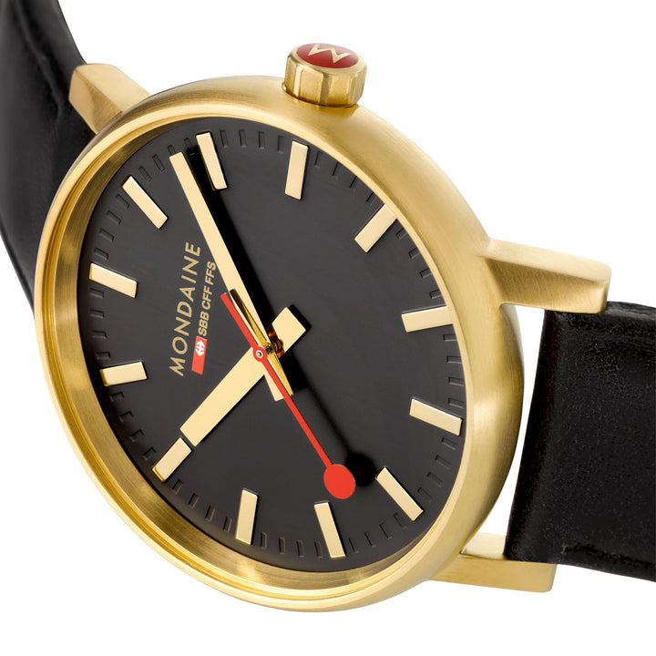 Mondaine Official evo2 40mm Golden Stainless Steel watch side closeup