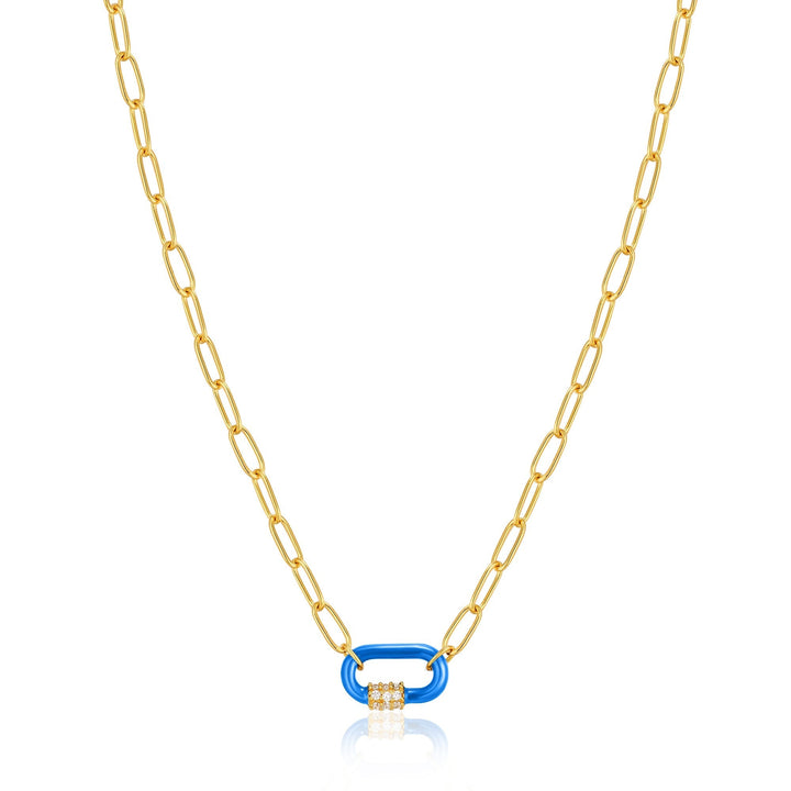 Neon Blue Enamel Carabiner Gold Necklace