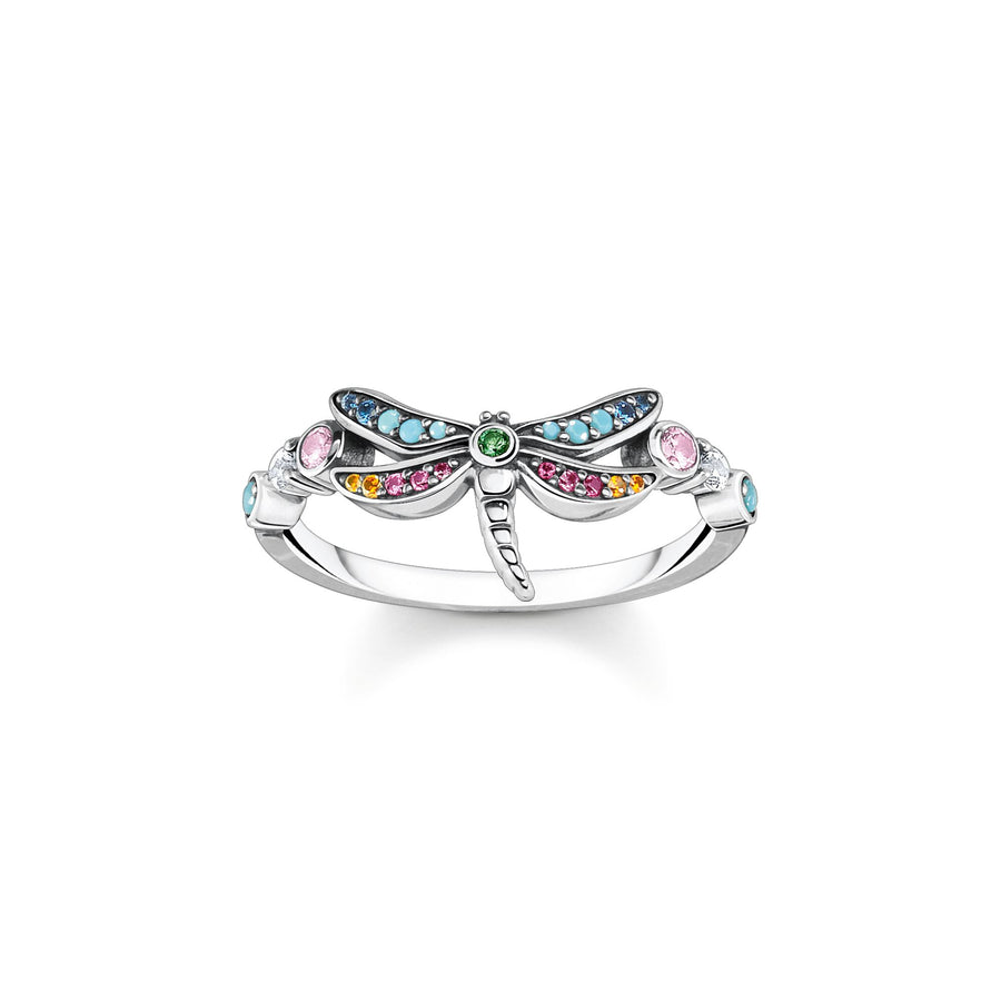 Ring dragonfly with coloured stones silver